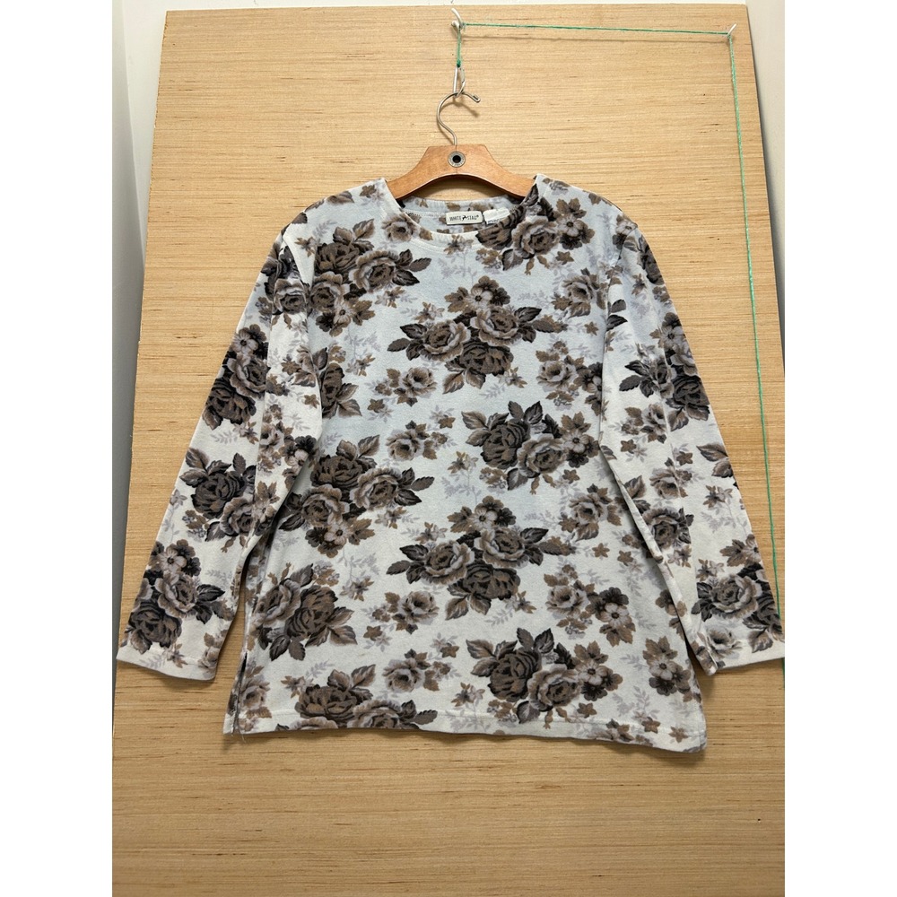 White Stag Womens Small Floral Rose Print Velour Long Sleeve Crew Neck‎ Top Gray